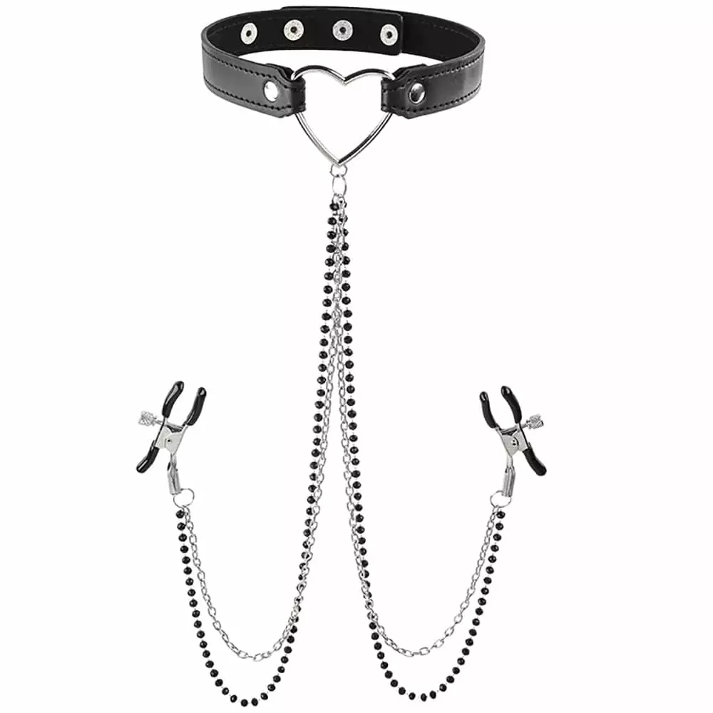 Sex & Mischief Amor Collar with Nipple Clamps In Black/Silver